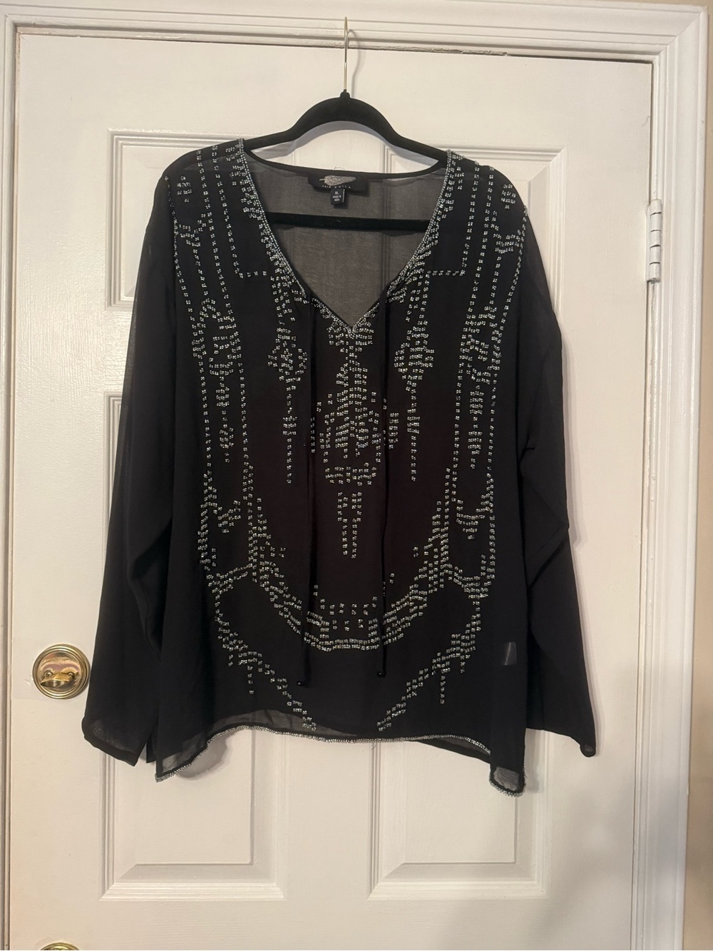 Fair Child Beaded Black V-Neck Long-Sleeve Blouse